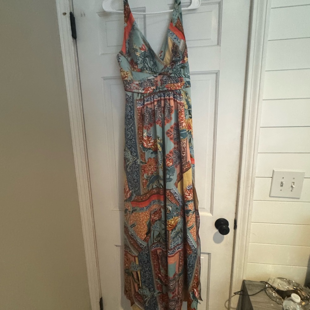 Laundry By Shelli Segal Orange Blue Sleeveless Plunge Sundress